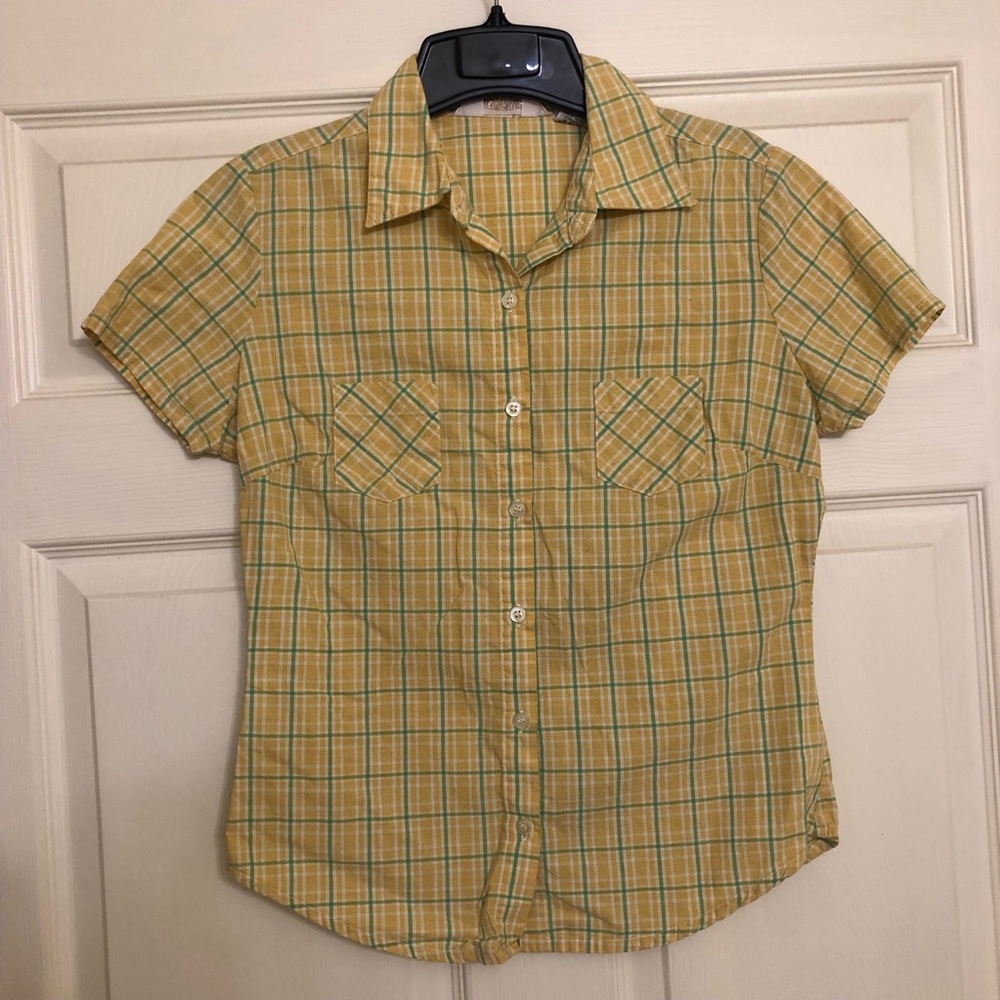 Da Vinci yellow and green plaid button down shirt